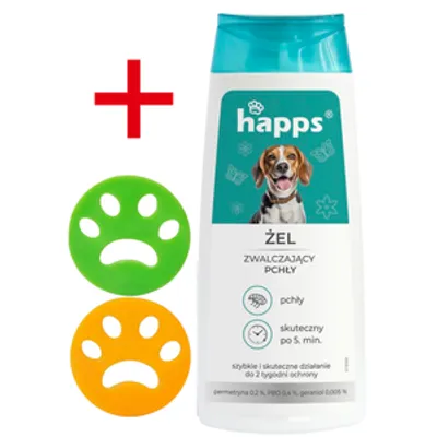 HAPPS - żel zwalczający pchły 150ml + 2x Czyścik do usuwania sierści - łapka GRATIS!!