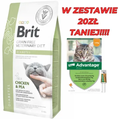 Brit gf veterinary diets cat diabetes 5kg + Advantage - dla kotów (0,4mlx4) *roztwór* blister