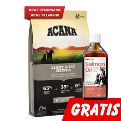 ACANA  Light & Fit Dog 11,4kg + Lab-V Olej z Łososia Tłoczony Na Zimno Gratis
