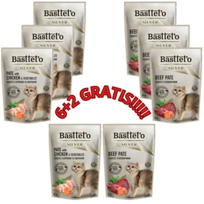 Basttet'o Silver Pasztet Mix Smaków dla kotów 2x(4x85g) (6+2 GRATIS) [data ważności 03/07/2025]