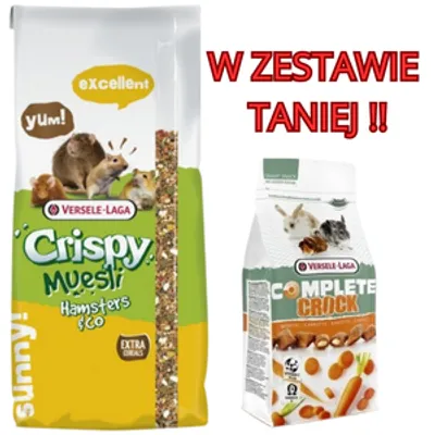 VERSELE-LAGA Crispy Muesli - Hamster&Co 20kg - data ważności 16.07.2025r. + VERSELE LAGA Crock Complete Carrot - przysmak z marchewką dla królików i gryzoni 50g