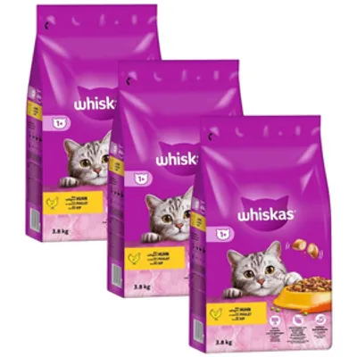 WHISKAS Adult 11,4kg (3x3,8kg) - sucha karma dla dorosłego kota, z pysznym kurczakiem