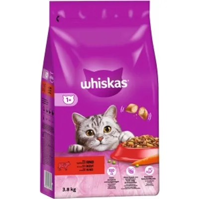 WHISKAS Adult 3,8 kg - sucha karma pełnoporcjowa dla dorosłych kotów, z pyszną wołowiną
