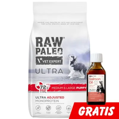 Vetexpert Raw Paleo Ultra Beef Puppy Medium/ Large 10KG + Lab-V Olej z Łososia Tłoczony Na Zimno Gratis