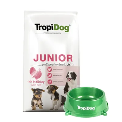 TROPIDOG Premium Junior Small and Medium Breeds bogaty w indyka i ryż 8kg + Miska mała GRATIS!!