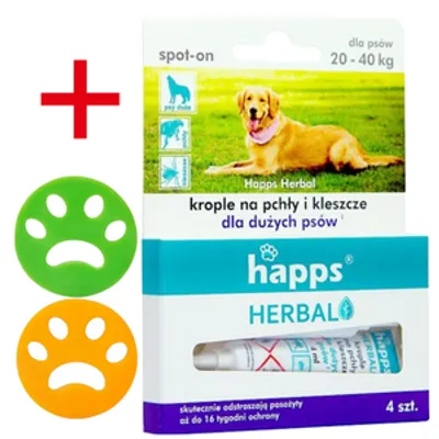 HAPPS Herbal - krople na pchły i kleszcze dla dużych psów 20-40kg + 2x Czyścik do usuwania sierści - łapka GRATIS!!