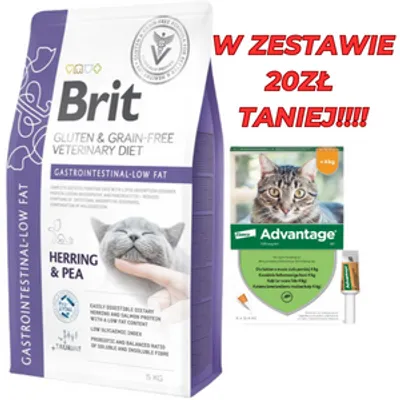 BRIT GF Veterinary Diets Cat Gastrointestinal-Low Fat 5kg + Advantage - dla kotów (0,4mlx4) *roztwór* blister