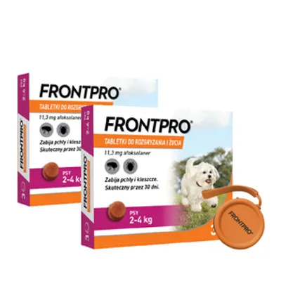 Frontpro tabletki na pchły i kleszcze S 11,3mg 2-4kg x 3tabl x 2 opakowania + Silikonowe etui na smakołyki dla psa GRATIS!