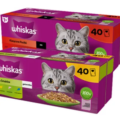WHISKAS Adult saszetki 40 x 85 g Mix Smaków - mokra karma dla dorosłego kota, w galaretce + WHISKAS Adult saszetki 40 x 85 g Klasyczne Posiłki