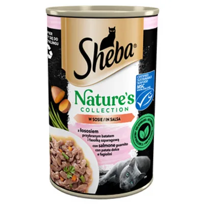 SHEBA puszka 400 g Nature's Collection – mokra pełnoporcjowa karma dla dorosłych kotów, z łososiem przybranym batatem i fasolką szparagową, w sosie