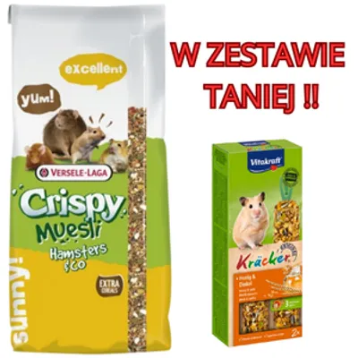 VERSELE-LAGA Crispy Muesli - Hamster&Co 20kg - data ważności 16.07.2025r. + VITAKRAFT KRACKER 2szt D/chomika Miód/Orkisz