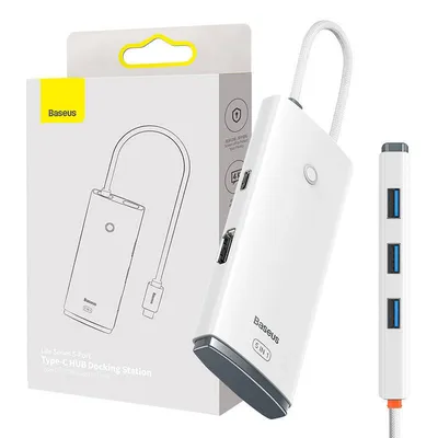 Hub 5w1 Baseus lite series usb-c do 3x usb 3.0 + usb-c + hdmi (biały)