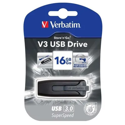 Verbatim usb flash disk, usb 3.0, 16gb, v3, store n go, czarny, 49172, usb a, z wysuwanym złączem