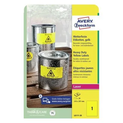 Etykiety samoprzylepne 210x297mm do użytku zewnętrznego AVERY zweckform poliestrowe l6111-20 żółte 20ark*1szt