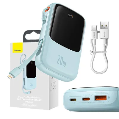 Powerbank Baseus qpow pro z kablem lightning, usb-c, usb, 10000mah, 20w (niebieski)