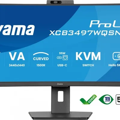 Iiyama monitor 34 cale xcb3497wqsnph-b1,va,uwqhd,1500r,usb-c dock 95w, rj45, kvm,2x5w, kamera 5mp, /5y/