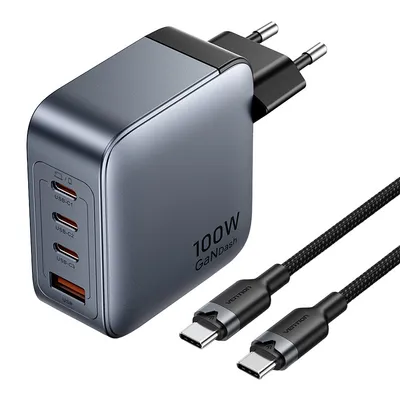 Ładowarka sieciowa Vention 3x usb-c, 1x usb-a, (100w/100w/30w/30w) (szara) z kablem usb-c do usb-c (1m) (czarny)