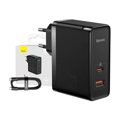 Ładowarka sieciowa Baseus gan5 pro, usb-c + usb, 100w + kabel (czarna)