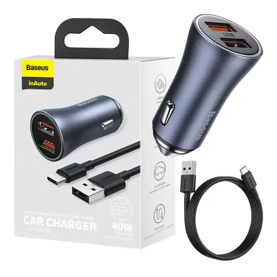 Ładowarka samochodowa Baseus golden contactor pro, 2x usb, 40w (szara) + kabel usb do usb-c 1m (czarny)