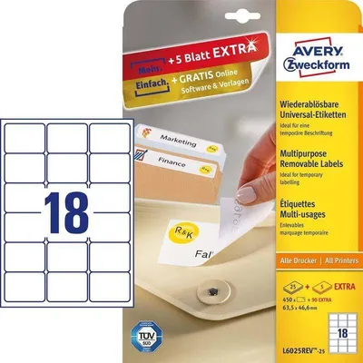 Etykiety samoprzylepne 63.5x46.6mm usuwalne l6025rev-25 białe 30ark*18szt