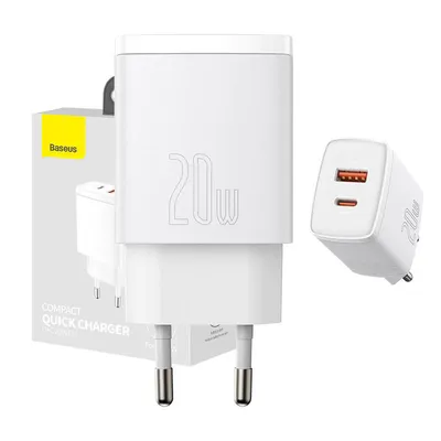 Ładowarka sieciowa Baseus compact quick charger, usb, usb-c, 20w (biała)