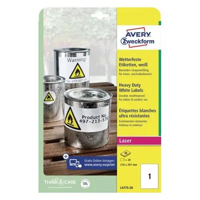 Etykiety samoprzylepne 210x297mm do użytku zewnętrznego AVERY zweckform poliestrowe l4775-20 białe 20ark*1szt