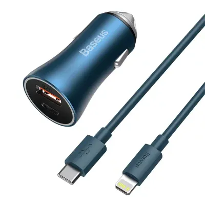 Ładowarka samochodowa Baseus golden contactor pro, usb + usb-c, qc4.0+, pd, scp, 40w (niebieska) + kabel usb-c do lightning 1m (niebieski)