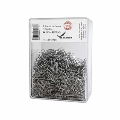 Spinacze trójkątne 22mm VICTORY OFFICE PRODUCTS 63t22kp1000 metalowe w pojemniku plastikowym 1000szt