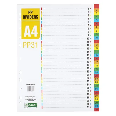 Przekładki 1-31 a4 D.RECT mix kolorów pp 31kart