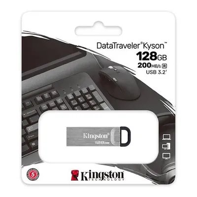 Kingston usb flash disk, usb 3.0, 128gb, datatraveler(r) kyson, srebrny, dtkn/128gb, usb a, z oczkiem na brelok