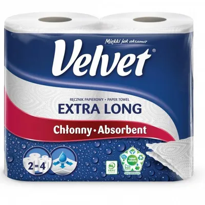Ręcznik papierowy dwuwarstwowy celulozowy VELVET extra long biały 90 listków 2 szt.