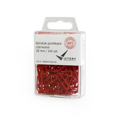 Spinacze okrągłe 28mm VICTORY OFFICE PRODUCTS 6028km100-03 czerwone metalowepowlekane w zawieszanym pojemniku plastikowym 100szt