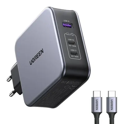 Ładowarka sieciowa UGREEN nexode 140w c289, gan, 2x usb-c, usb (czarna) + kabel usb-c 2m