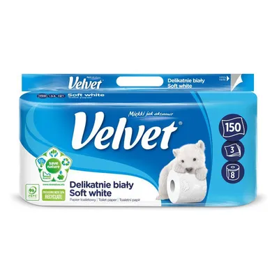 Papier toaletowy trzywarstwowy celulozowy VELVET delikatnie biały 45751260 150 listków 18,3m 8 szt.