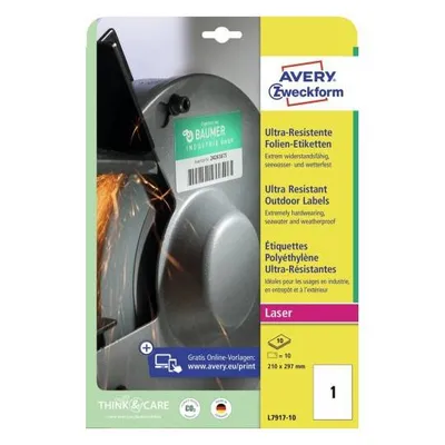 Etykiety samoprzylepne 210x297mm do użytku zewnętrznego AVERY zweckform ultra resistant l7917-10 białe 10ark*1szt