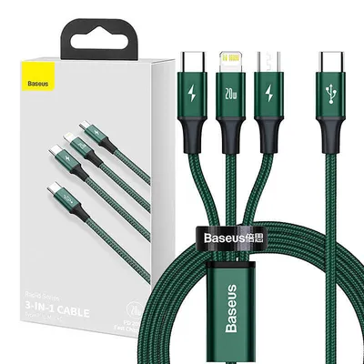 Kabel usb-c 3w1 Baseus rapid series, micro usb / lightning / usb-c, 20w, 1.5m (zielony)