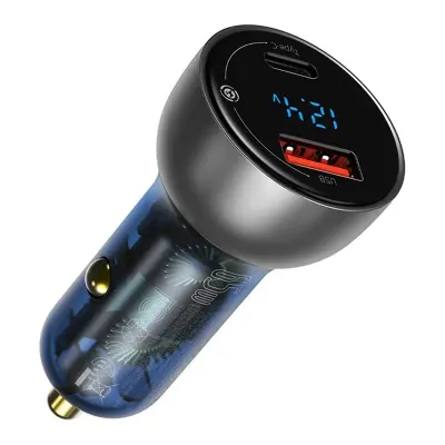 Ładowarka samochodowa Baseus particular digital display z wyświetlaczem, usb + usb-c, qc3.0+pd, 5a, 65w (srebrna)