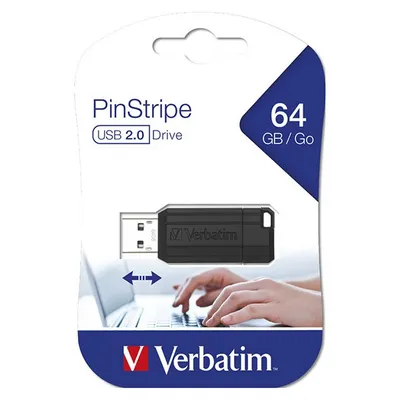 Verbatim usb flash disk, usb 2.0, 64gb, pinstripe, store n go, czarny, 49065, usb a, z wysuwanym złączem
