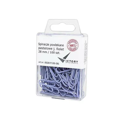 Spinacze okrągłe 28mm VICTORY OFFICE PRODUCTS 6028km100-081 pastelowe jasnofioletowe metalowepowlekane w zawieszanym pojemniku plastikowym 100szt