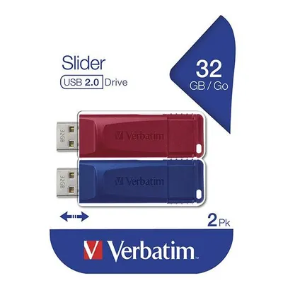 Verbatim usb flash disk, usb 2.0, 32gb, slider, niebieski, czerwony, 49327, usb a, usb z wysuwanym złączem. 2 szt
