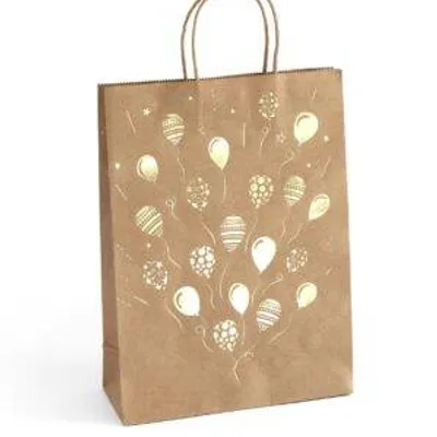 Torebka na prezenty 33x10x24cm ARGO 257008 ciemnobeżowa złote balony papier kraft 5szt