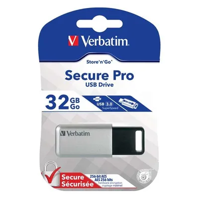 Verbatim usb flash disk, usb 3.0, 32gb, secure pro, store n go, srebrny, 98665, usb a, szyfrowanie aes 256-bit