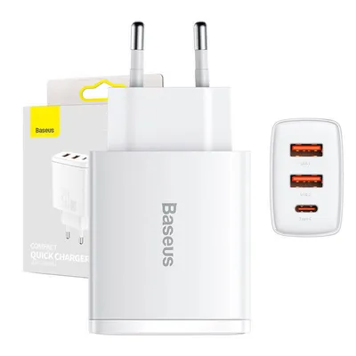 Ładowarka sieciowa Baseus compact quick charger, 2xusb, usb-c, pd, 3a, 30w (biała)