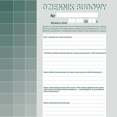 Dziennik budowy a4 Michalczyk i Prokop zeszyt 40 stron (10 kompletów oryginał + kopia)