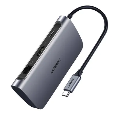 Adapter UGREEN 7w1 cm212 hub usb-c pd 100w, 2x usb-a 3.0, hdmi 4k/30hz, sd/tf, rj45 (szary)