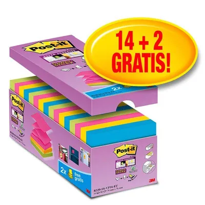 Karteczki samoprzylepne 76x76mm 3M post-it® super sticky z-notes r330-ss-vp16 mix kolorów (14+2)x90 kart