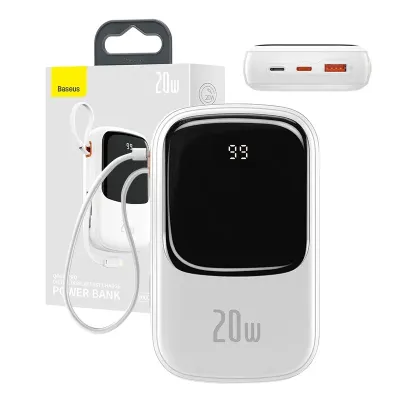 Powerbank Baseus qpow pro z kablem lightning, portem usb-c i usb, 20000mah, 20w (biały)