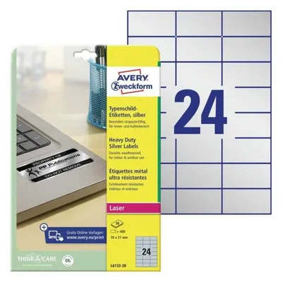 Etykiety samoprzylepne 70x37mm znamionowe poliestrowe AVERY zweckform heavy duty l6133-20 srebrne 20ark*24szt