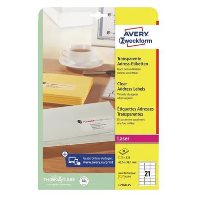 Etykiety samoprzylepne 63.5x38x1mm do adresowania AVERY zweckform l7560-25 przezroczyste 25ark*21szt