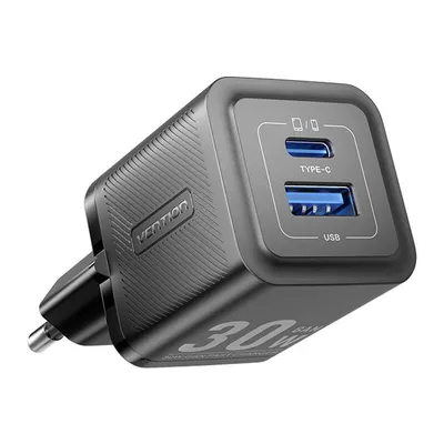 Ładowarka sieciowa, Vention, feqb0-eu, usb-c, usb- a, 30w/30w, gan (czarna)